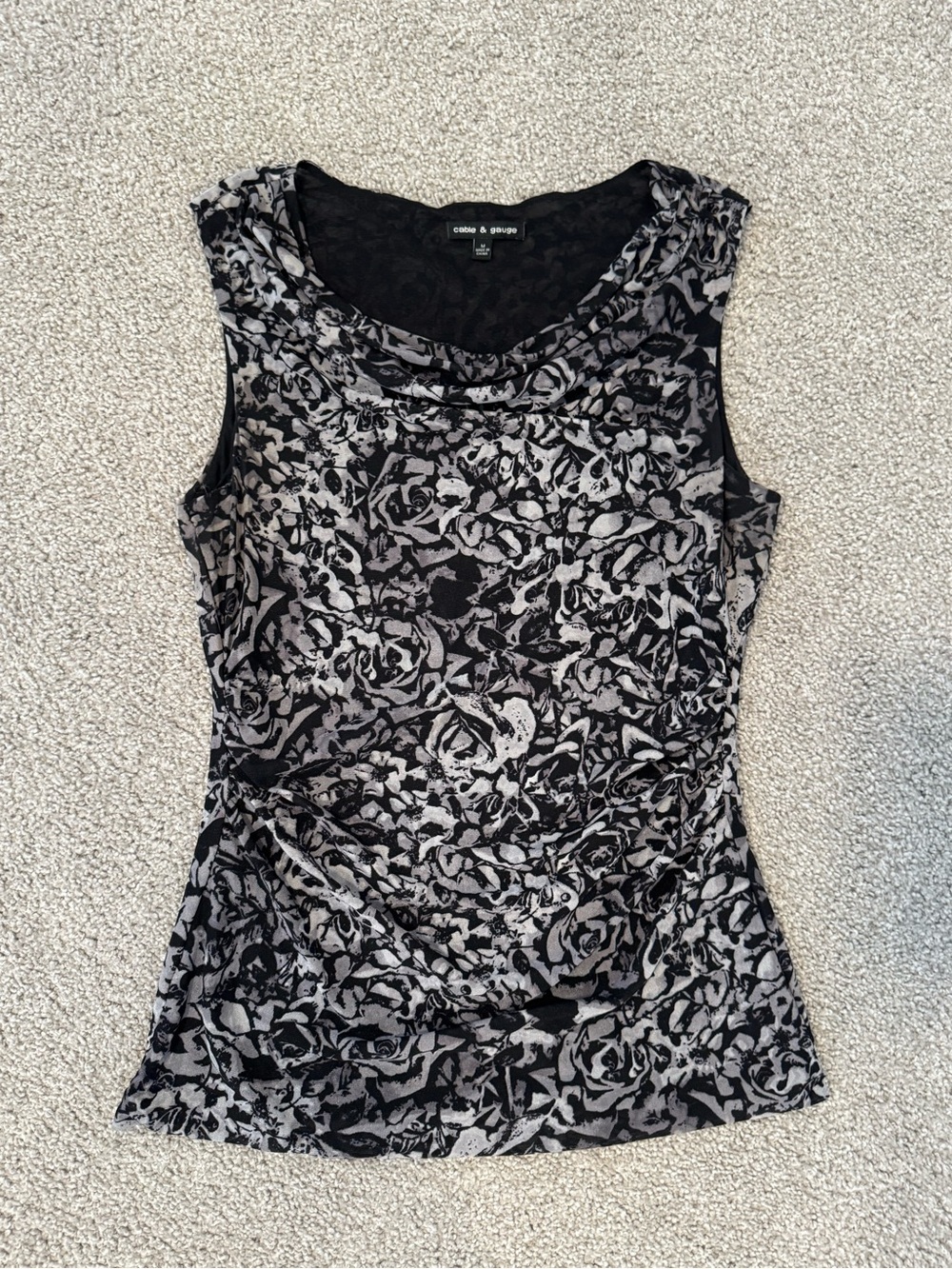 Cable & Guage Black and Gray Floral Sleeveless Cowl Neck Top Size M